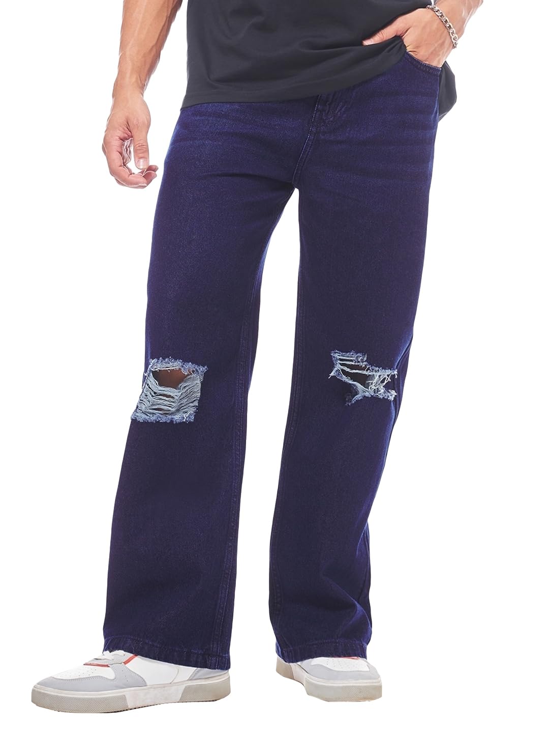 Bewakoof MenS Solid Straight Fit Cotton Distressed Jeans_624674_Blue_34