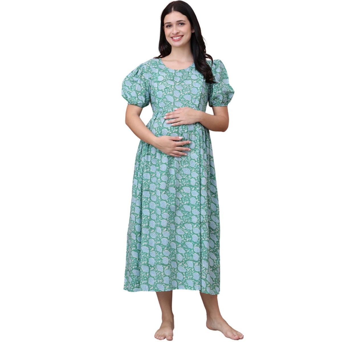 Secret Wish Floral Print Green Cotton Maternity Nightdress Calf Length