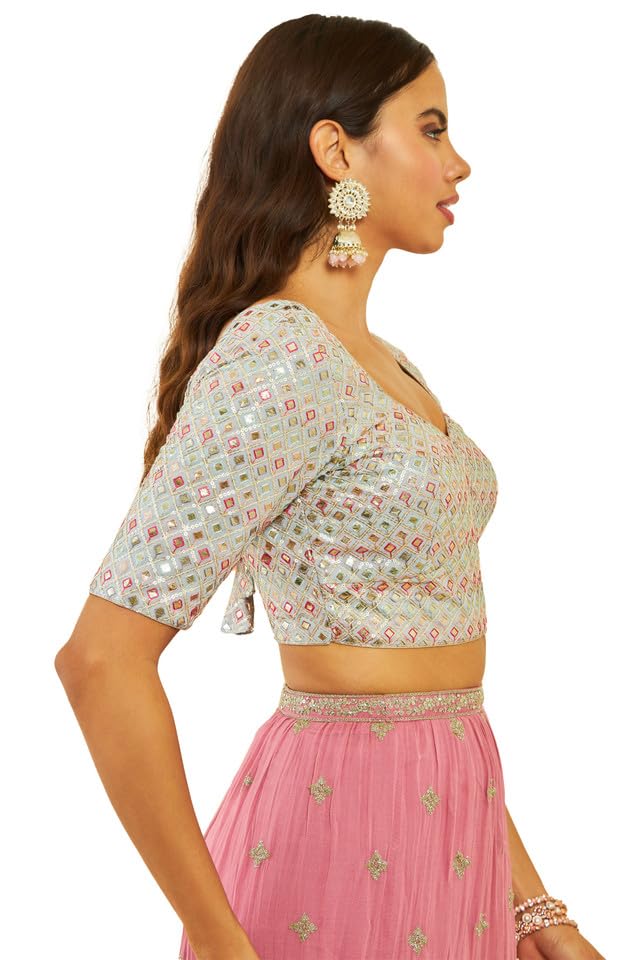 Soch Womens Grey Georgette Sequin Embellished and Embroidered Back-Open Blouse