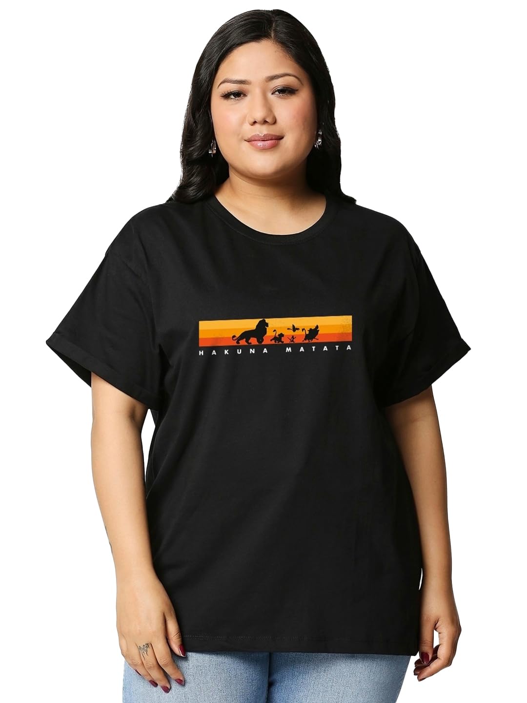 Bewakoof Womens Graphic Printed Boyfriend Fit Half Sleeve Round Neck Cotton Plus Size T-Shirt_493061_Black_6XL