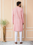 See Designs MenS Long Sleeve Mandarin Collar Side Slit Pink Embroidered Thread Work Sequinned Chanderi Silk Straight Kurta - Sd