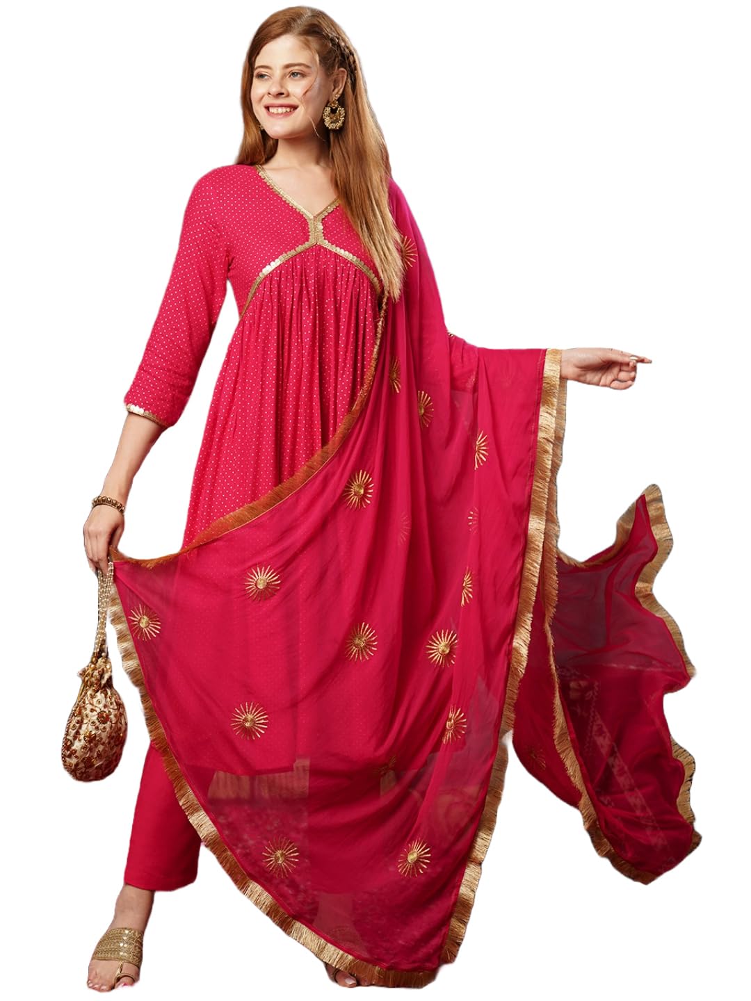 ANNI DESIGNER Ladies Cotton Blend Kurta Trousers with Dupatta Set, pink, M