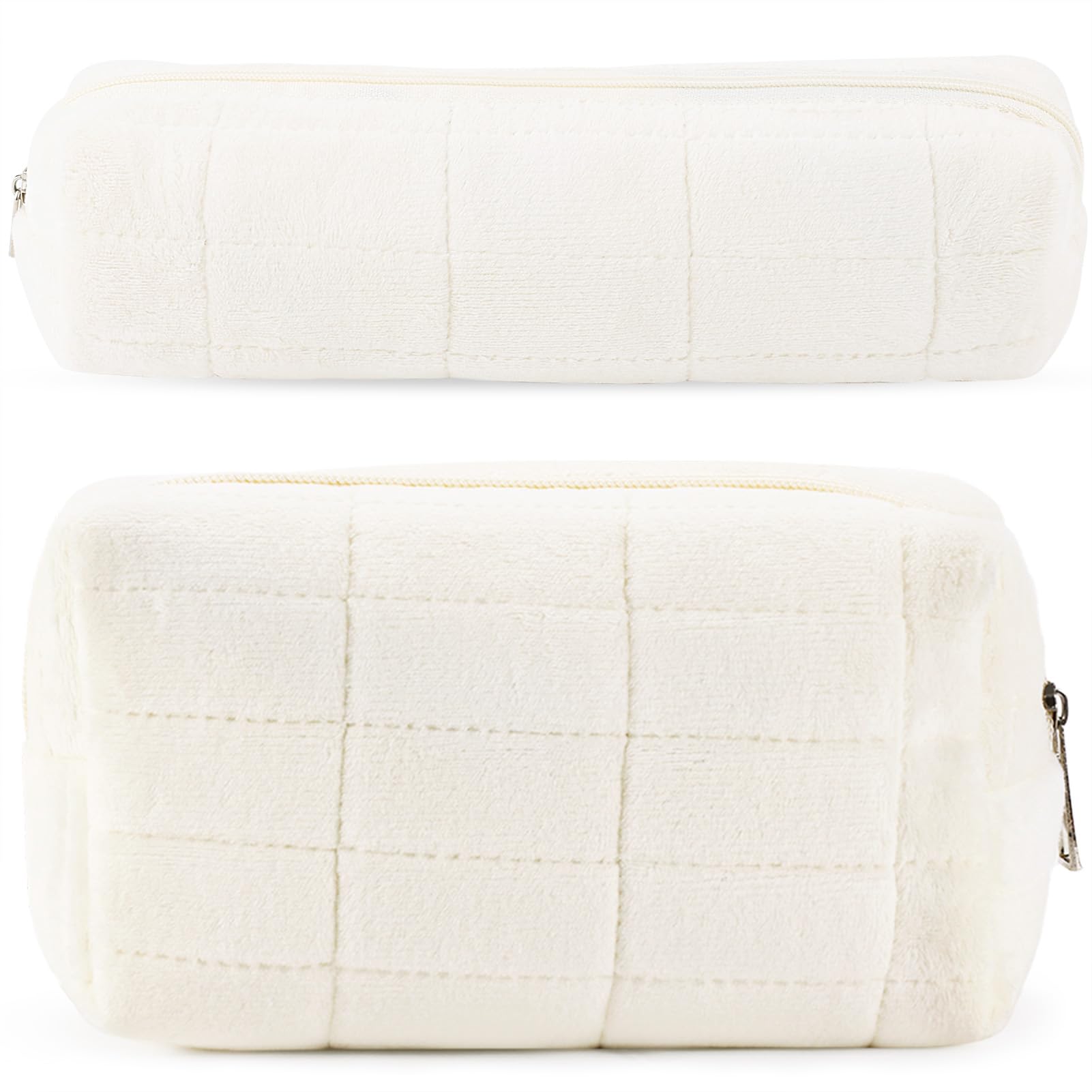 2Pcs Makeup Bag for Women Girls Pencil Pouch Travel Small Cosmetic Bag Set Cute Plush White Makeup Pouch Purse Pencil Case Penci