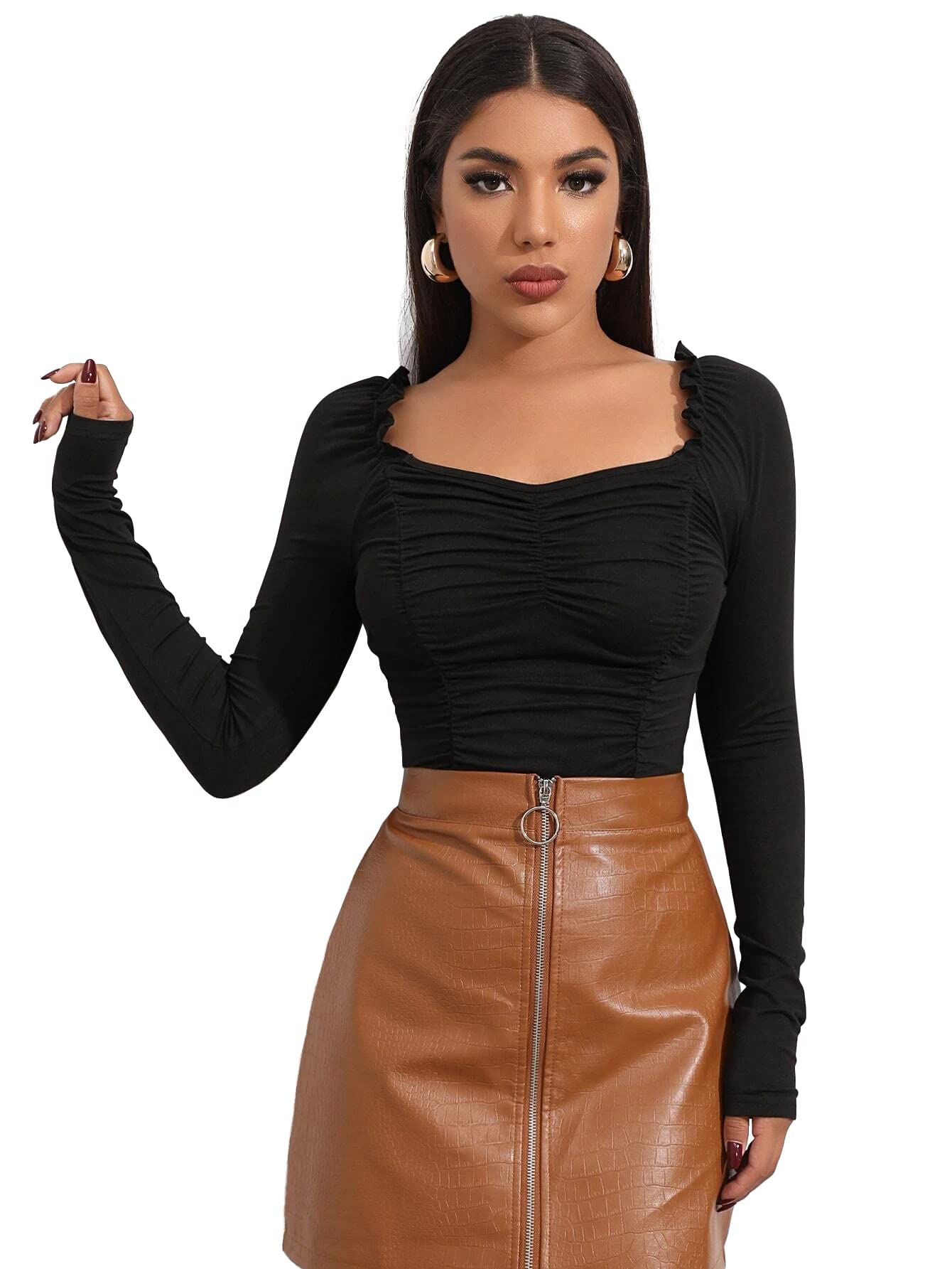 Shasmi Womens & Girls Black Full Sleeve, Sweat Hear Neck, Frill Trim Ruched Crop Top for Women, Tops, Slim Fit T-Shirts for Gi