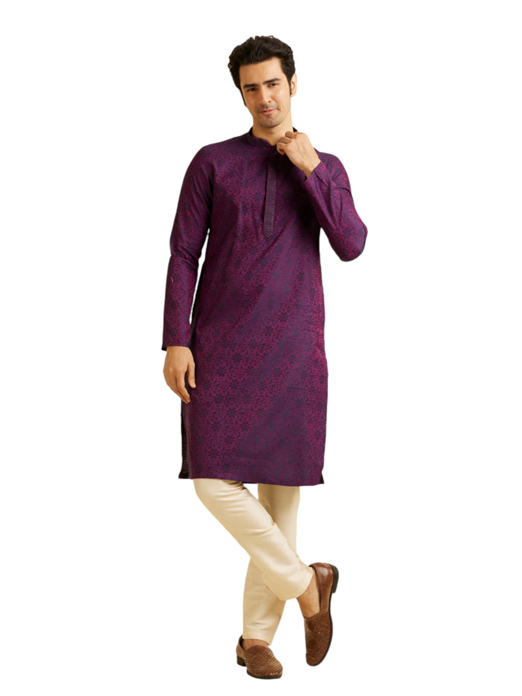 Manyavar Mens Viscose Blend Jacquard Embroidered Kurta Pyjama Set (Purple,XXL)