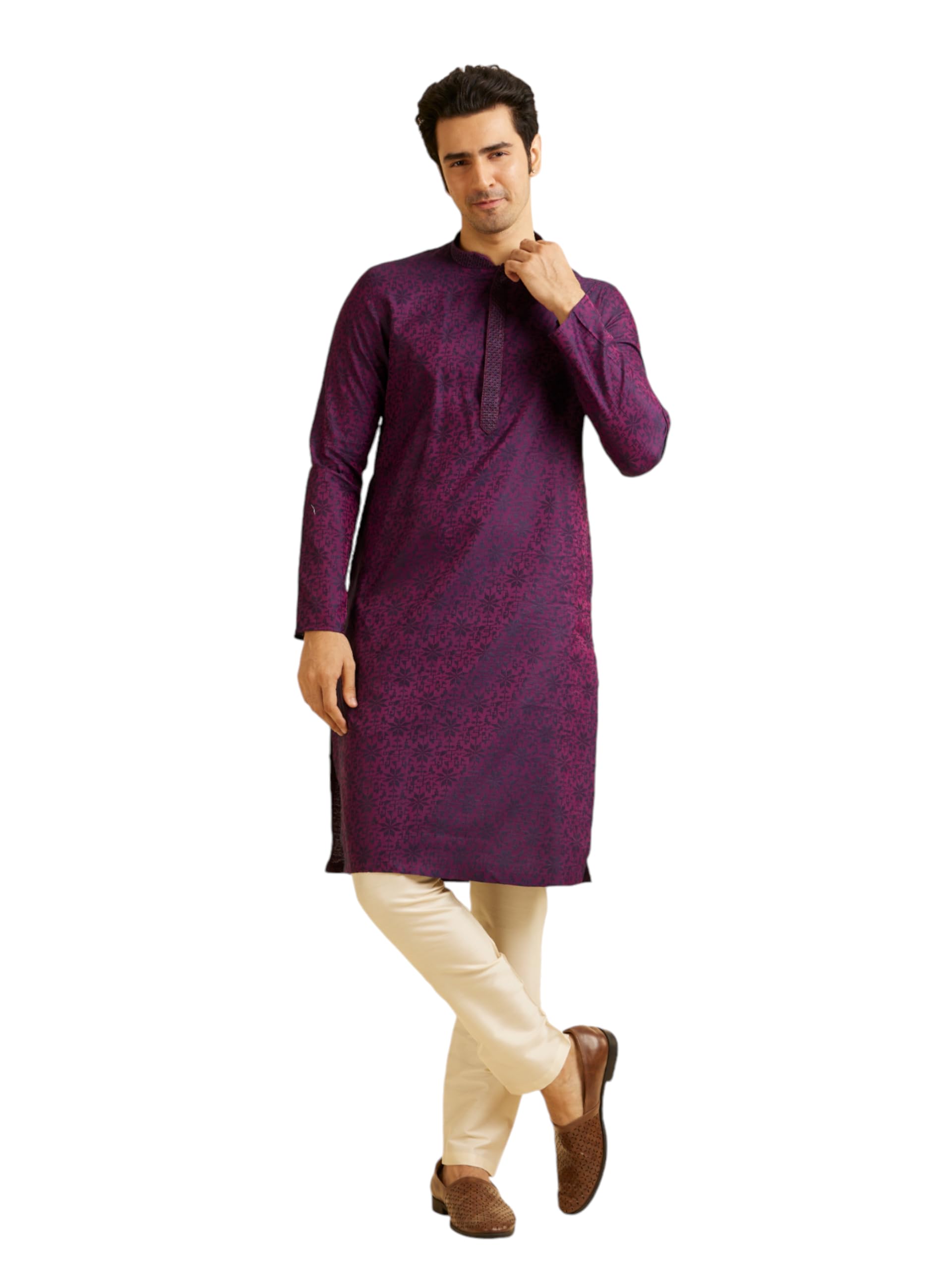 Manyavar Mens Viscose Blend Jacquard Embroidered Kurta Pyjama Set (Purple,XXL)