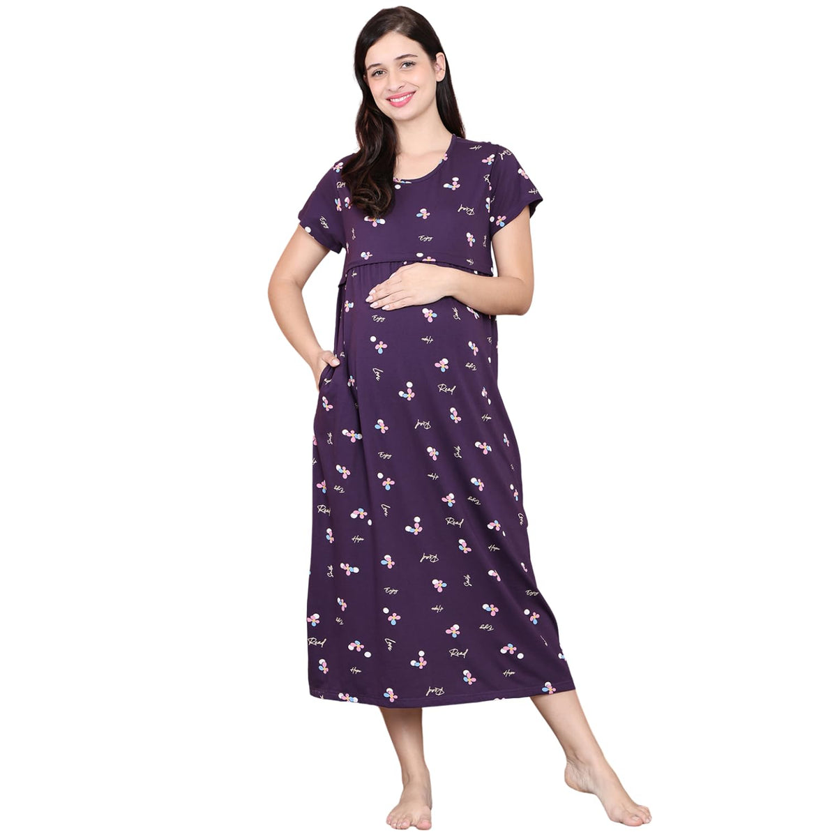 Secret Wish Purple Floral Hosiery Maternity Nighty Calf Length/Maxi/Feeding/Nursing/Zipper/Nighty/Night Gown