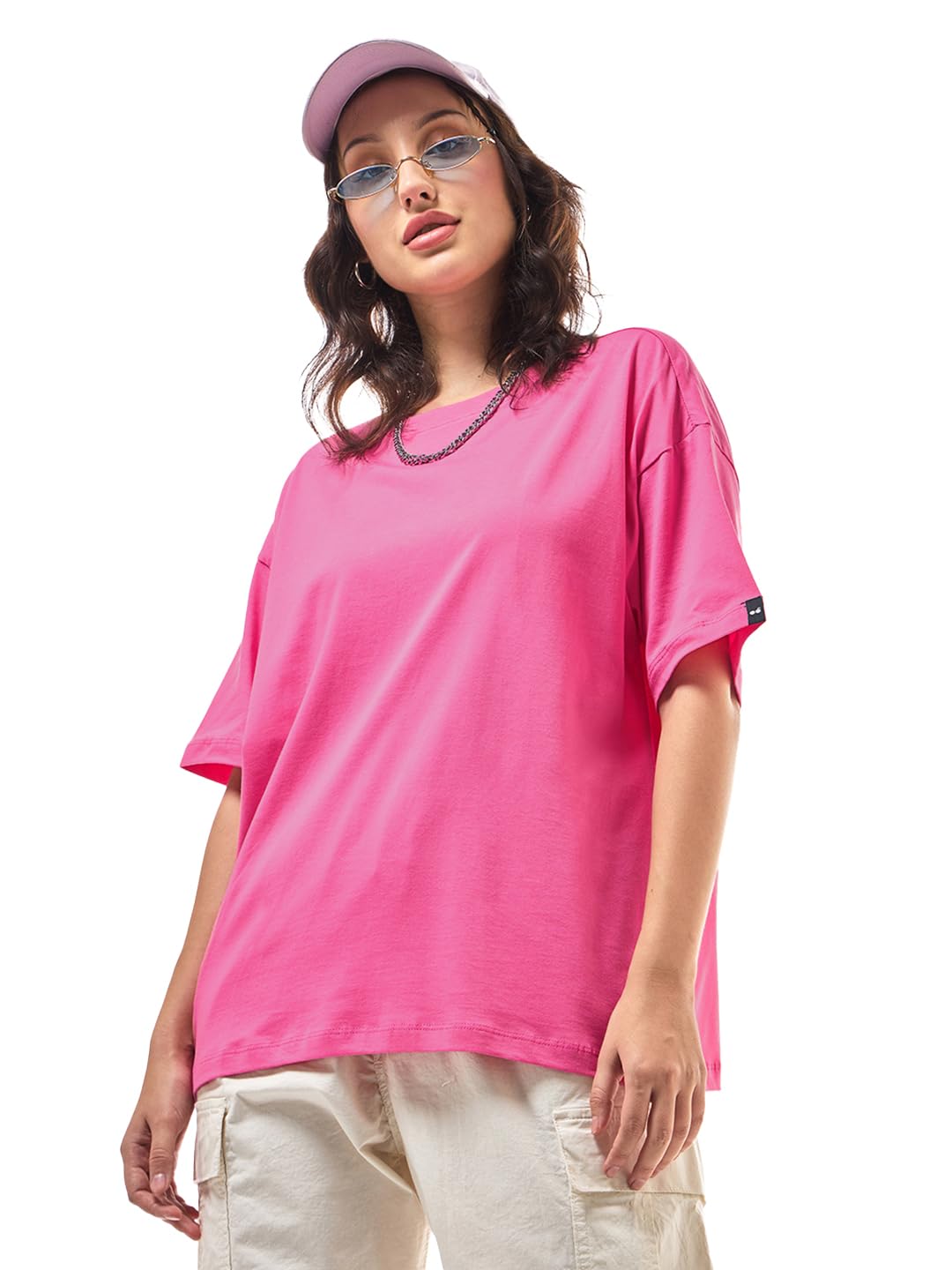 Bewakoof Womens Cotton Solid Oversized Fit T-Shirt_616055_Pink_S