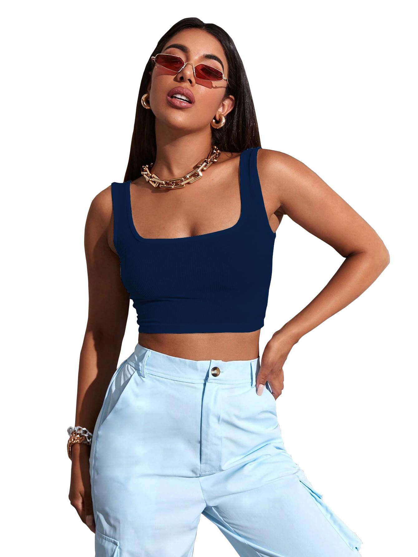 Sugathari Womens & Girls Solid Ribbed Boat Neck Sleeveless Crop Tops for Women (Top 36 N Blue XS)