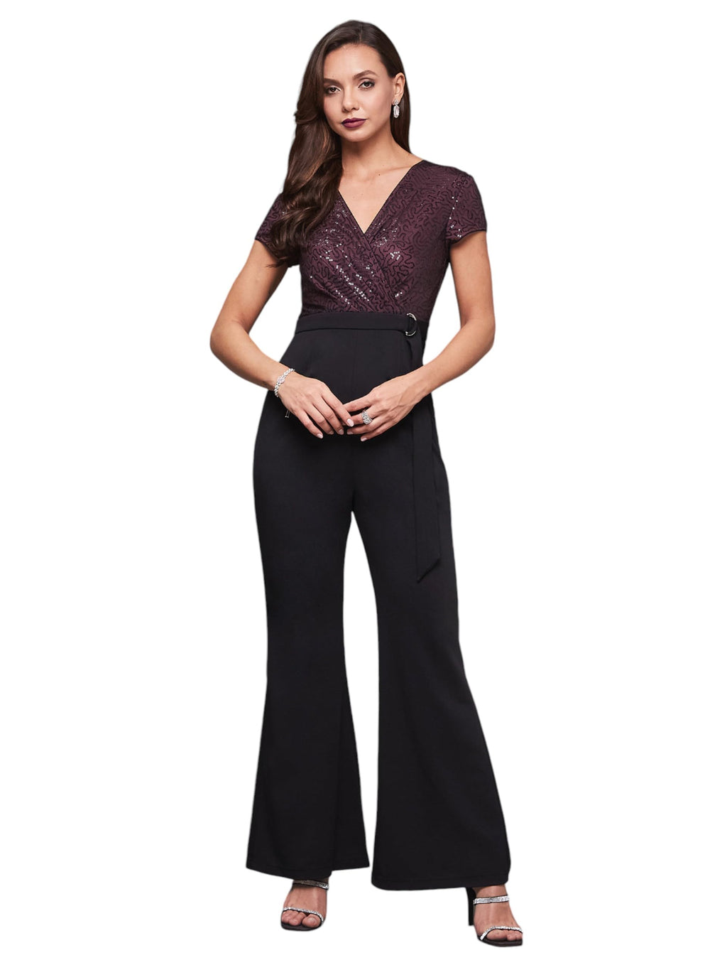 Miss Chase Womens V-Neck Short Sleeve Embellished Wrap Jumpsuit (MCSS24D19-39-62-05, Black, L)
