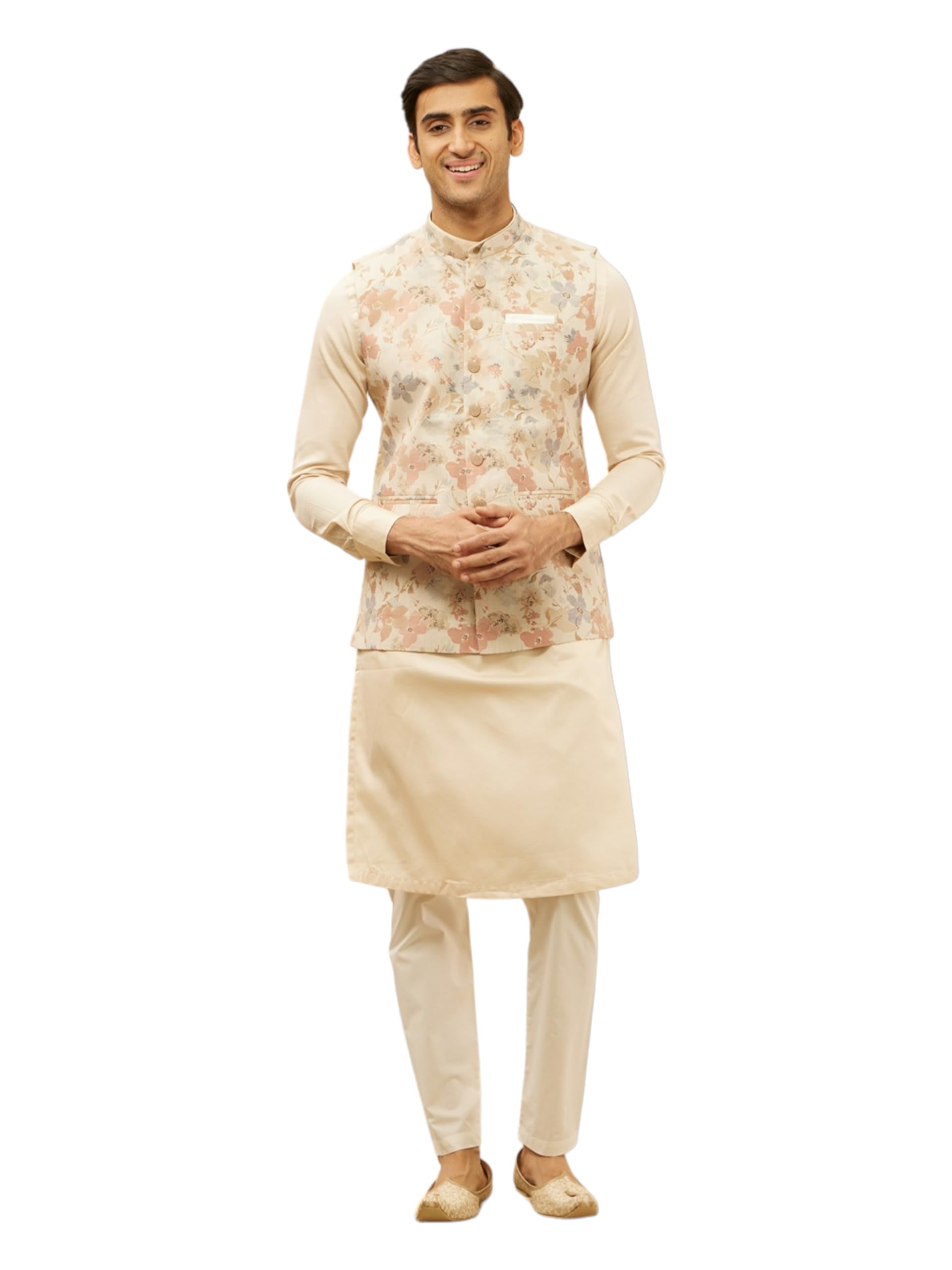 Manyavar Mens Beige Blended Linen Printed Jacket