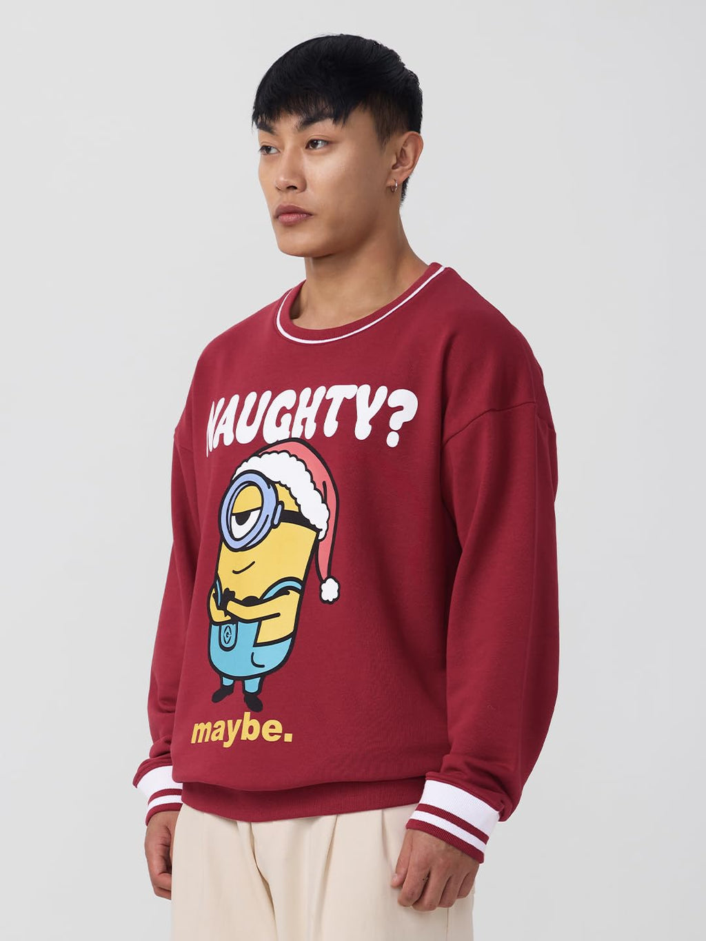 The Souled Store Minions: Naughty Men and Boys Long Sleeves Round Neck Red Graphic Printed Cotton Blend Oversized Sweatshirts