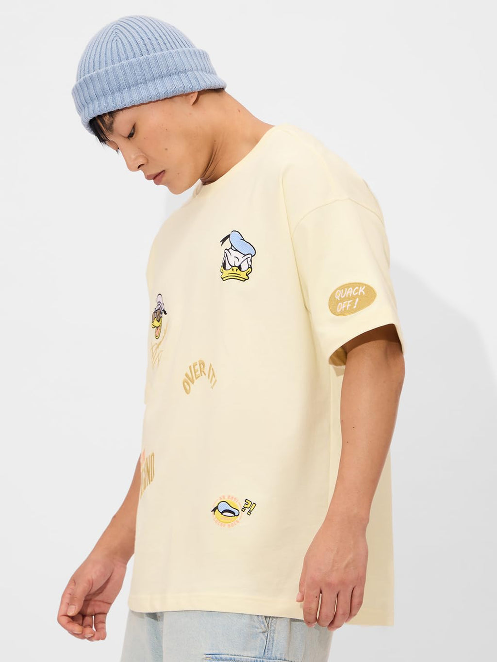 The Souled Store Official Donald Duck: Quack Off Men and Boys Short Sleeves Round Neck Yello Embroidered Cotton Oversized T-Shir