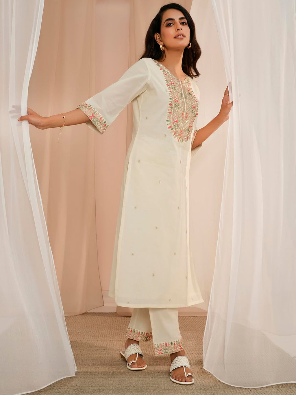 Libas Off White Embroidered Cotton Straight Kurta With Trousers & Dupatta