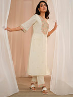 Libas Off White Embroidered Cotton Straight Kurta With Trousers & Dupatta