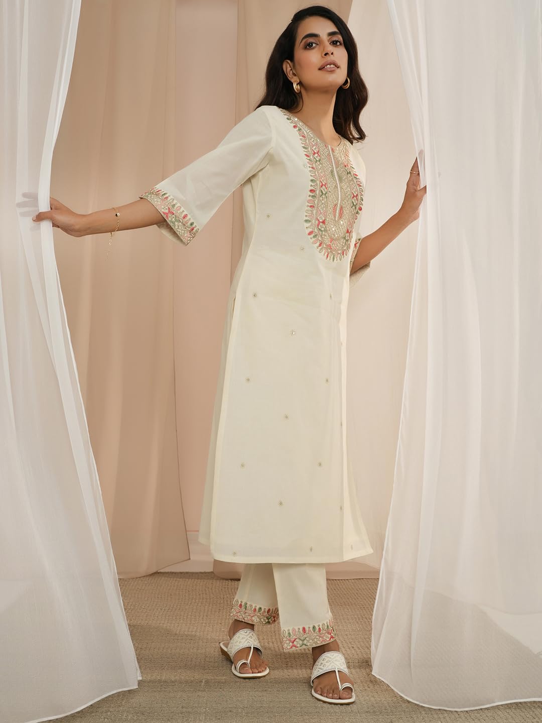Libas Off White Embroidered Cotton Straight Kurta With Trousers & Dupatta