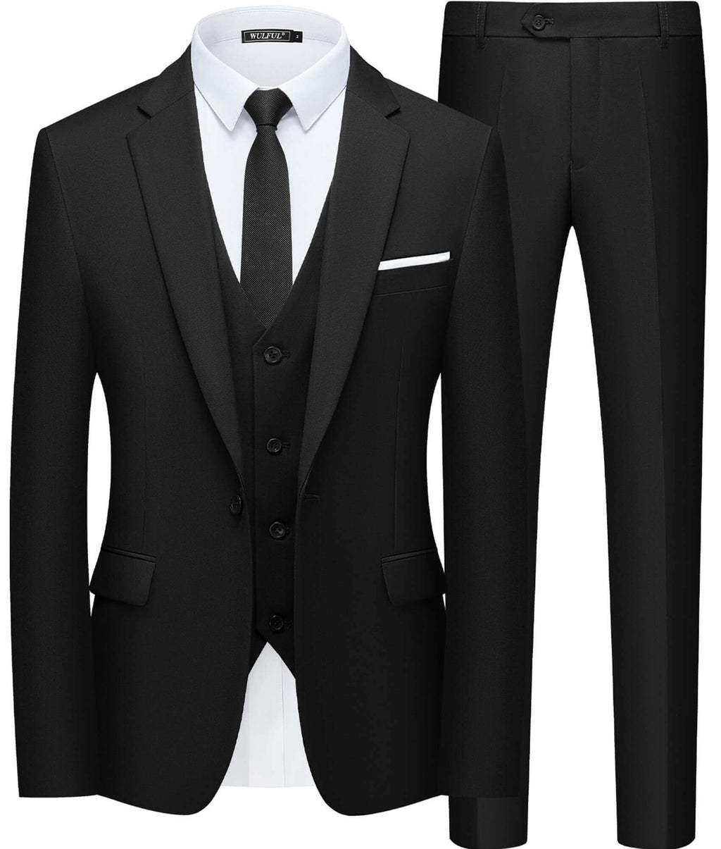 WULFUL Mens Slim Fit Suit One Button 3-Piece Blazer Dress Business Wedding Party Jacket Vest & Pant Black