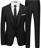 WULFUL Mens Slim Fit Suit One Button 3-Piece Blazer Dress Business Wedding Party Jacket Vest & Pant Black
