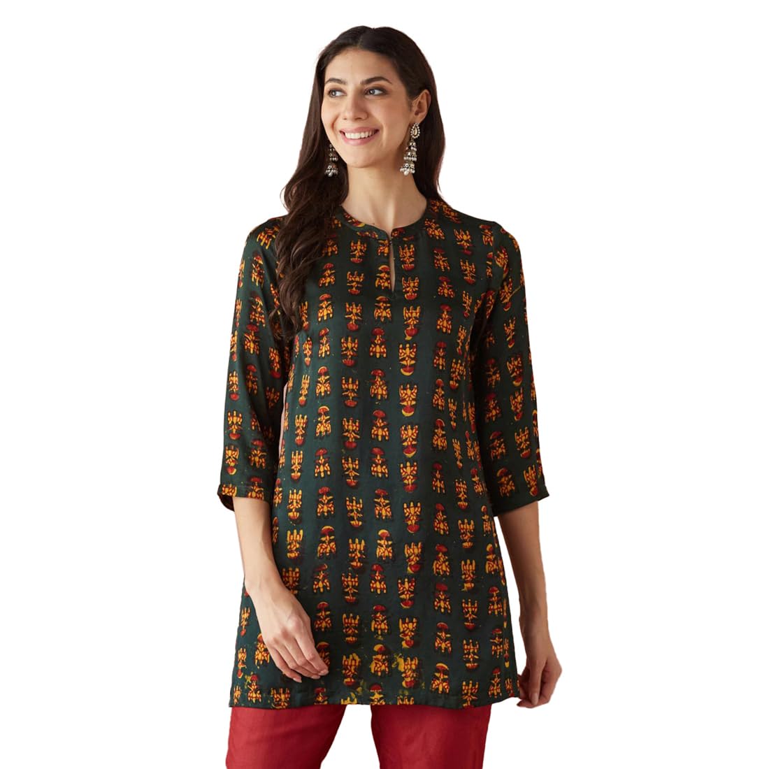 Fabindia WomenS Viscose Block Print Slim Fit Kurta (1038256Green_Green