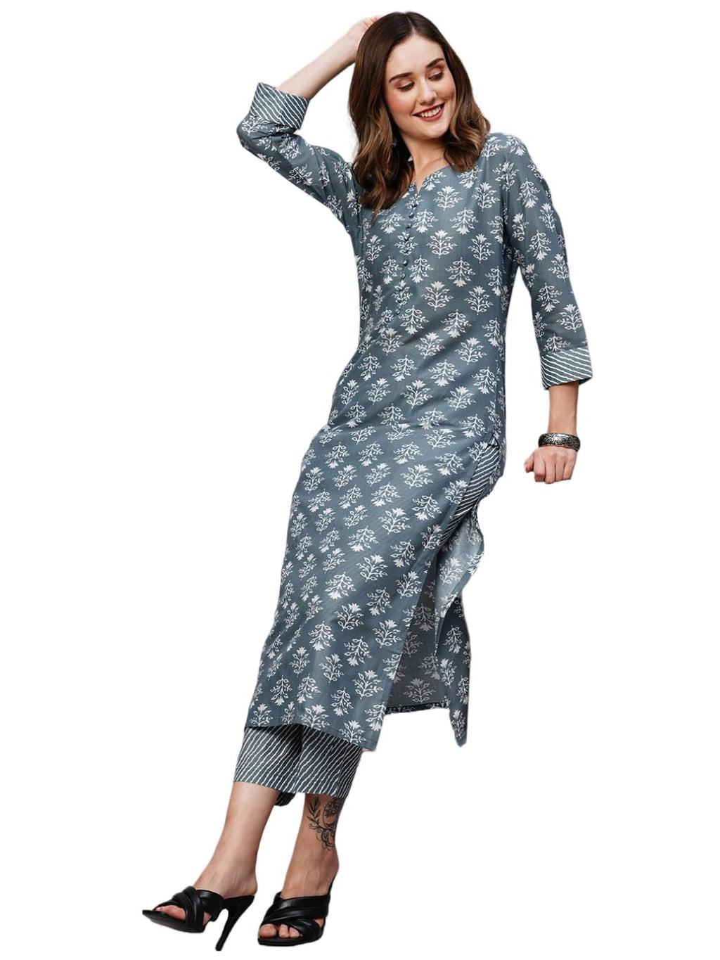 ANNI DESIGNER Womens Cotton Blend Printed Straight Kurta with Pant (KIDYA Grey_S_Grey_Small)