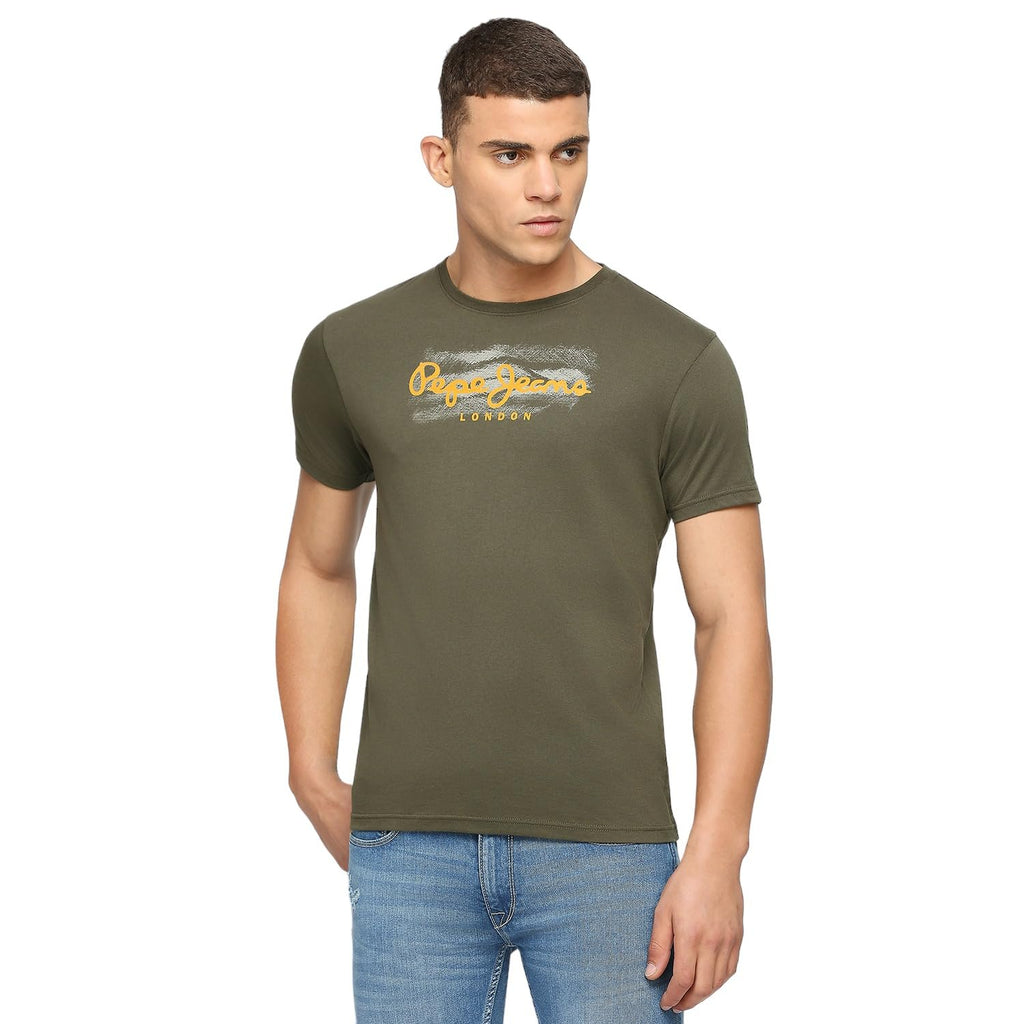 Pepe Jeans Men Cotton Blend Slim Fit Printed T-Shirts Olive Green,X-Large