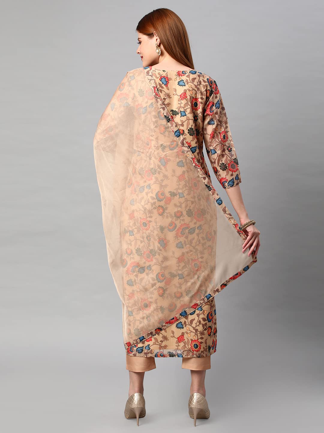 ANNI DESIGNER Womens Cotton Blend Floral Printed Straight Kurta with Pants & Dupatta (MADHUBANI-Beige_XXL_Beige_XX-Large)
