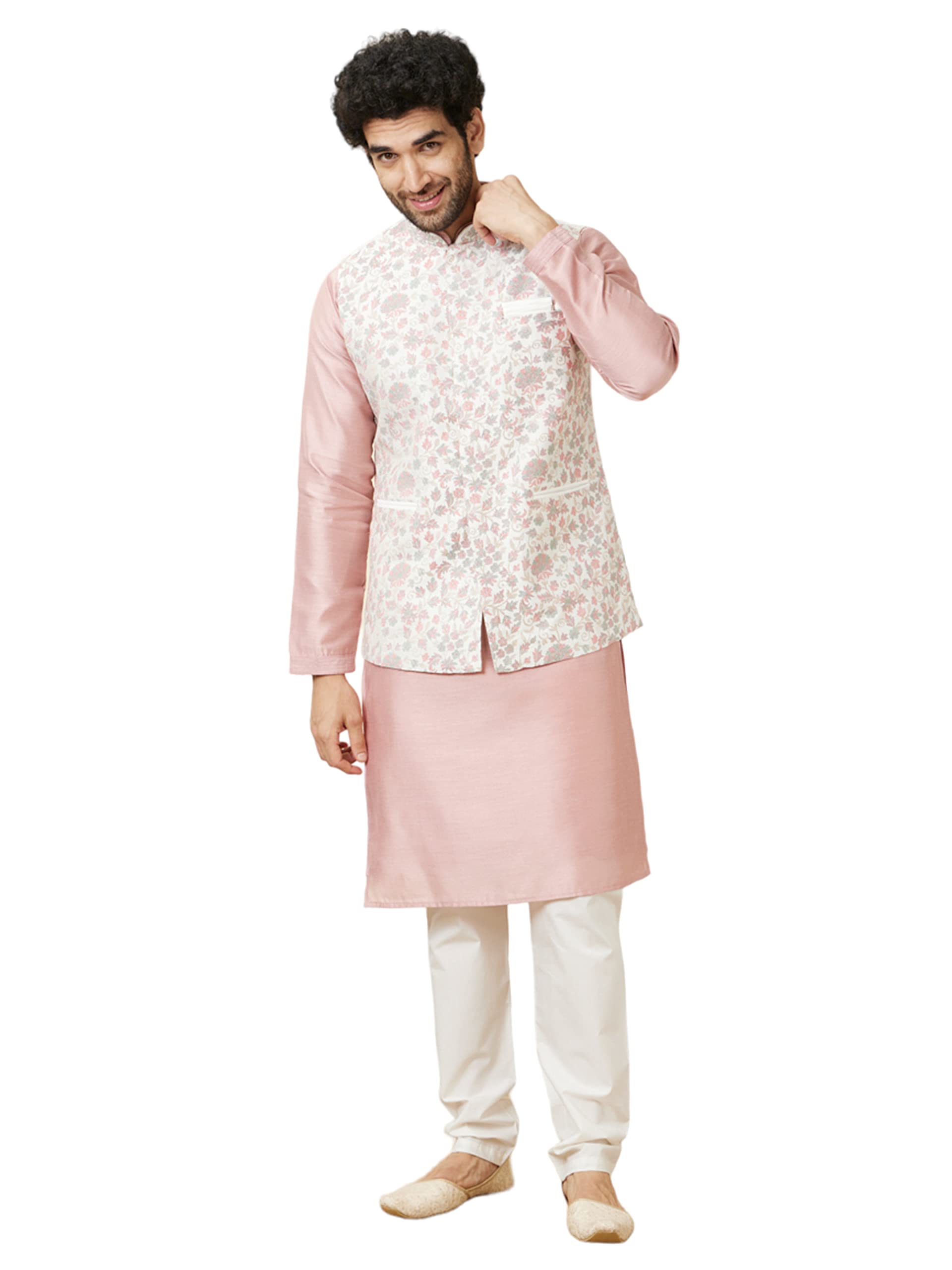 Manyavar MenS Blended Viscose Printed Sleeveless Mandarin Collar Traditional Nehru Jacket (White,Xl)