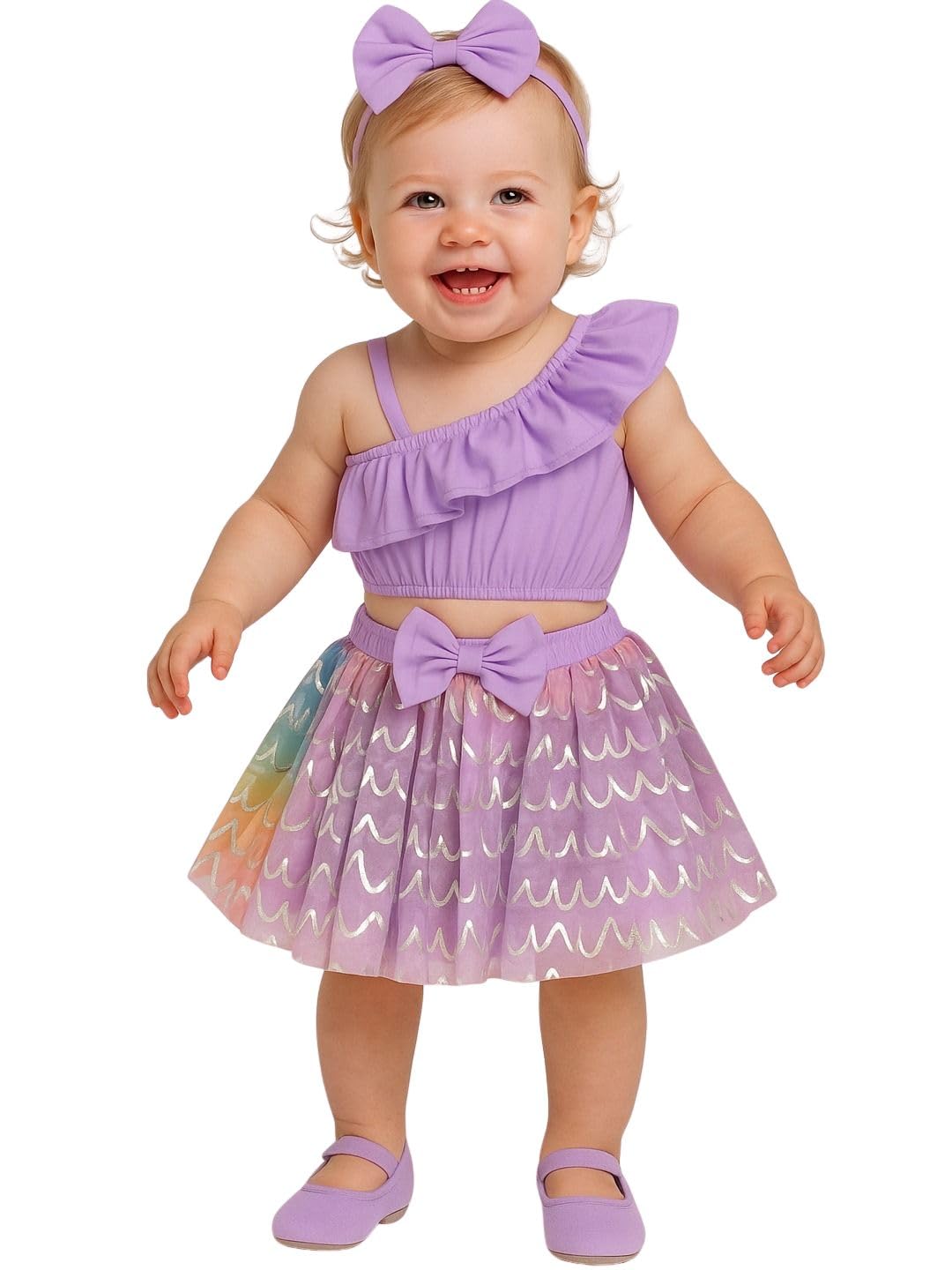 A.T.U.N. (ALL THINGS UBER NICE) Baby Girls One Shoulder Crop Top with Printed Skirt & Matching Headband | 3 Piece Outfit Set