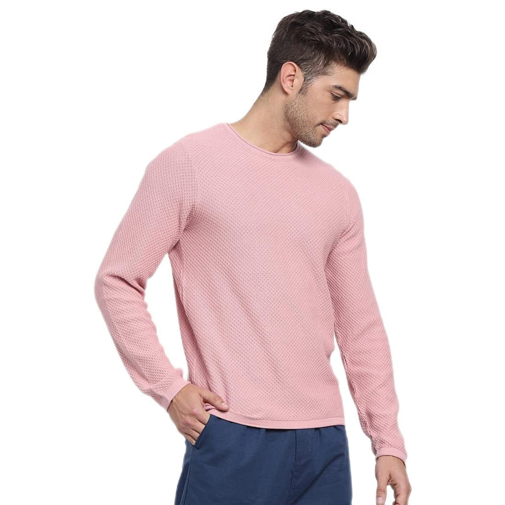 Bewakoof Mens Self-Design Pink Round Neck Full Sleeve Sweater