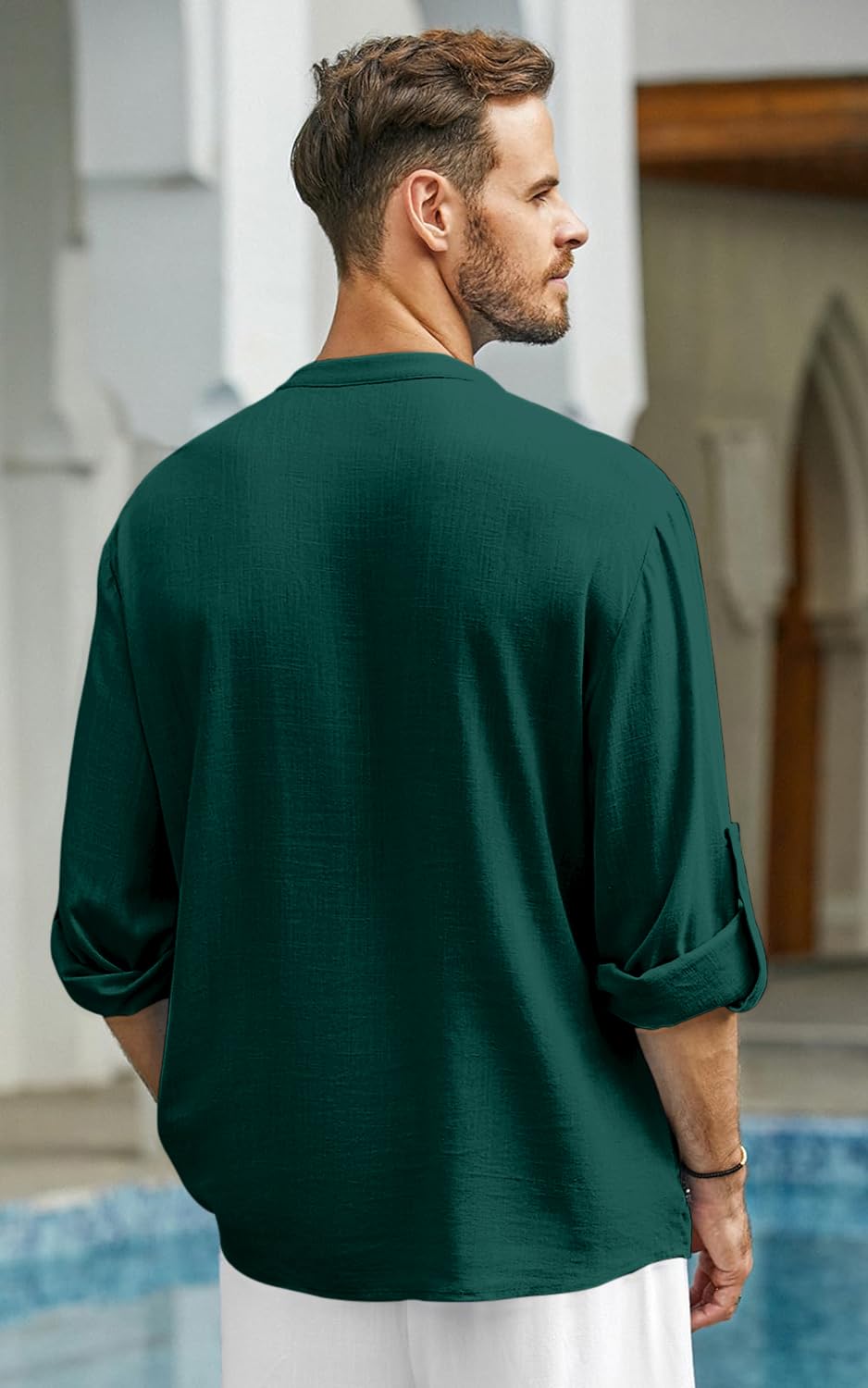 Zombom MenS Cotton Blend Solid Casual Regular Fit Mandarin/Chinese Collor Short Kurta Shirt Green