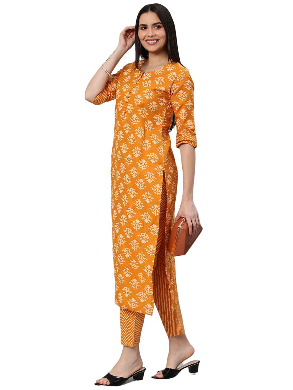 ANNI DESIGNER Women's Cotton Blend Straight Printed Kurta with Pant (Kidaya Yellow-Nw5_L_Yellow_Large)