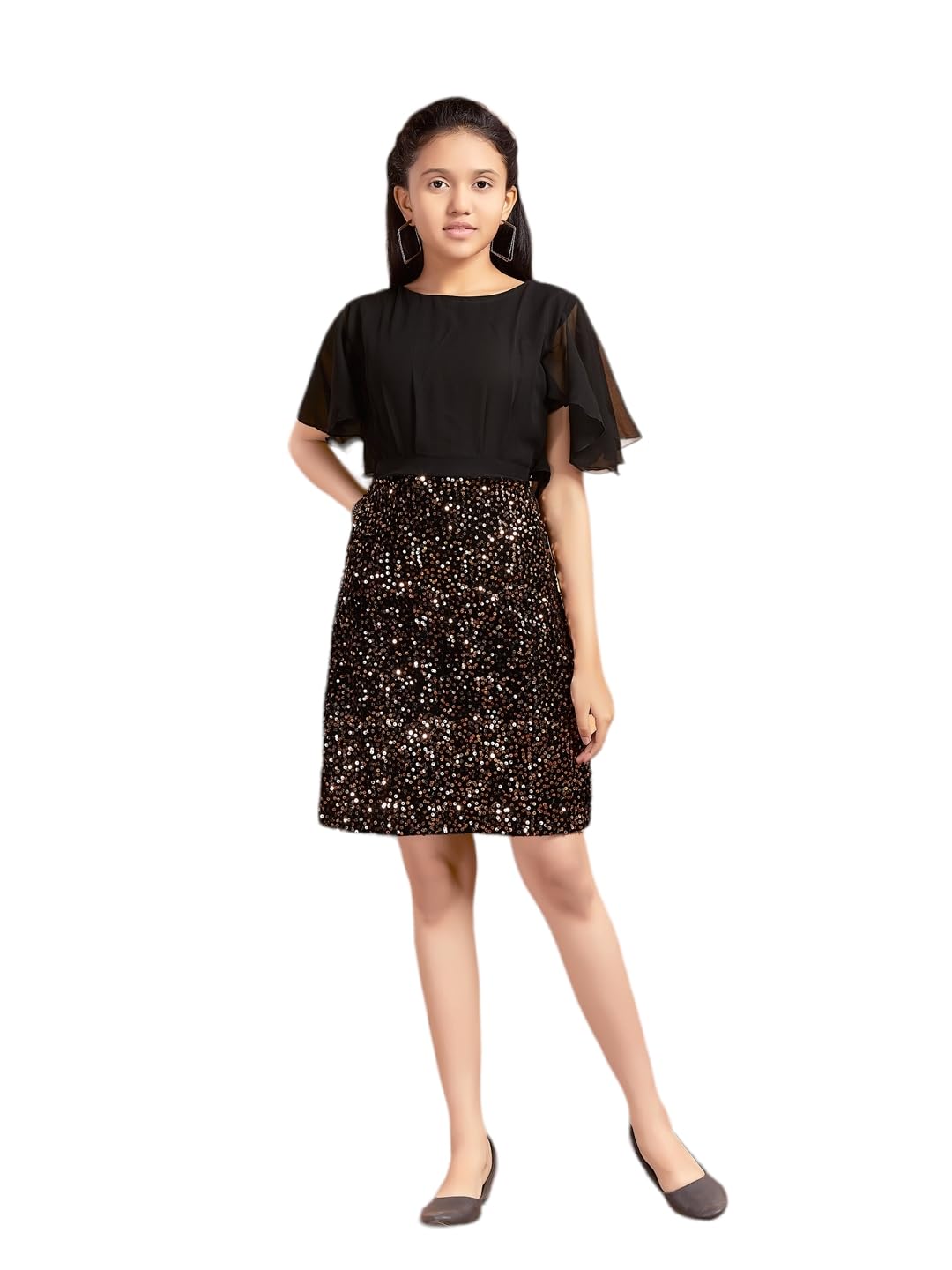 Aarika Girls Peach Colour Sequin Velvet Middi (9-16 Years)