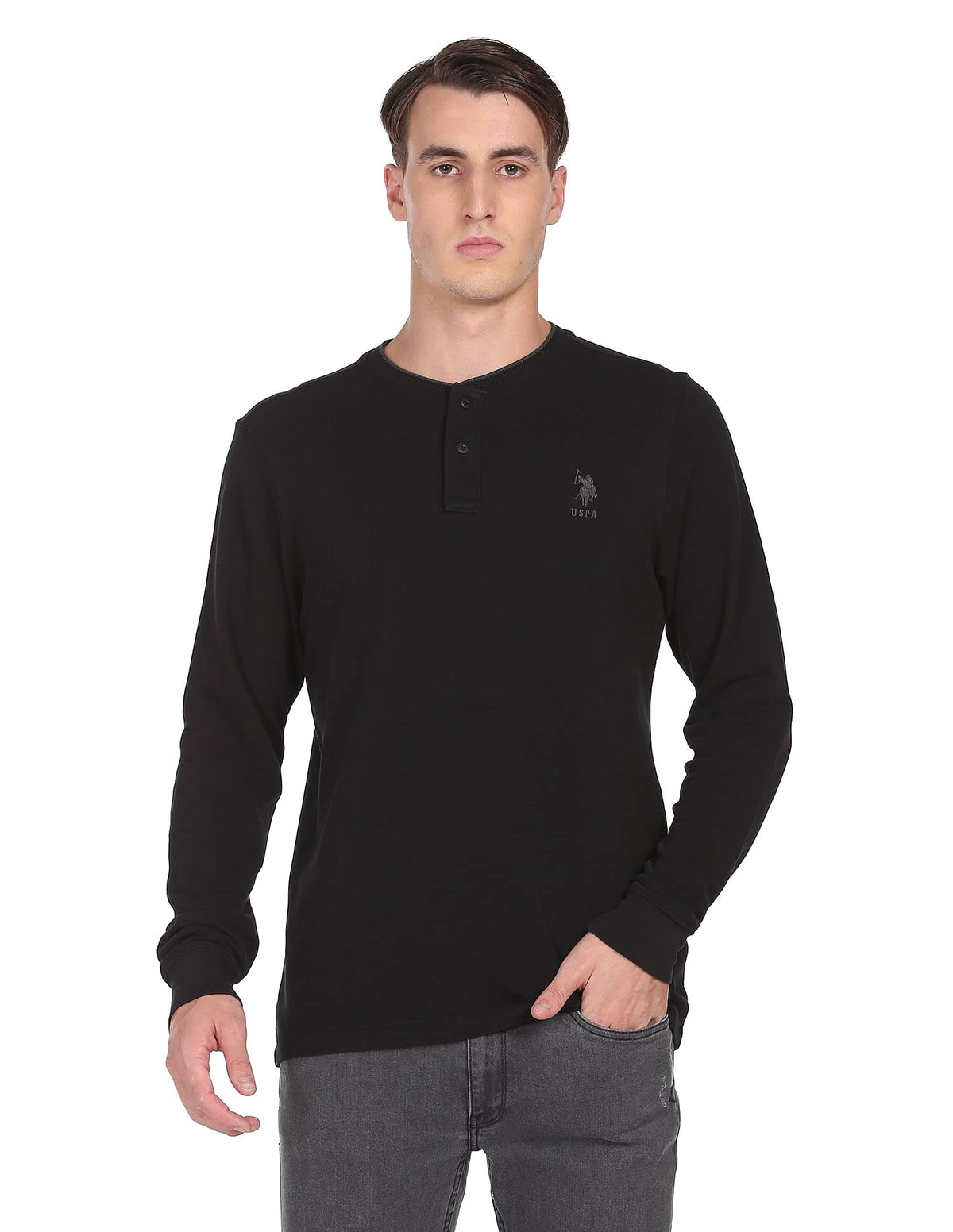 Men Black Pure Cotton Solid Henley TShirt 3