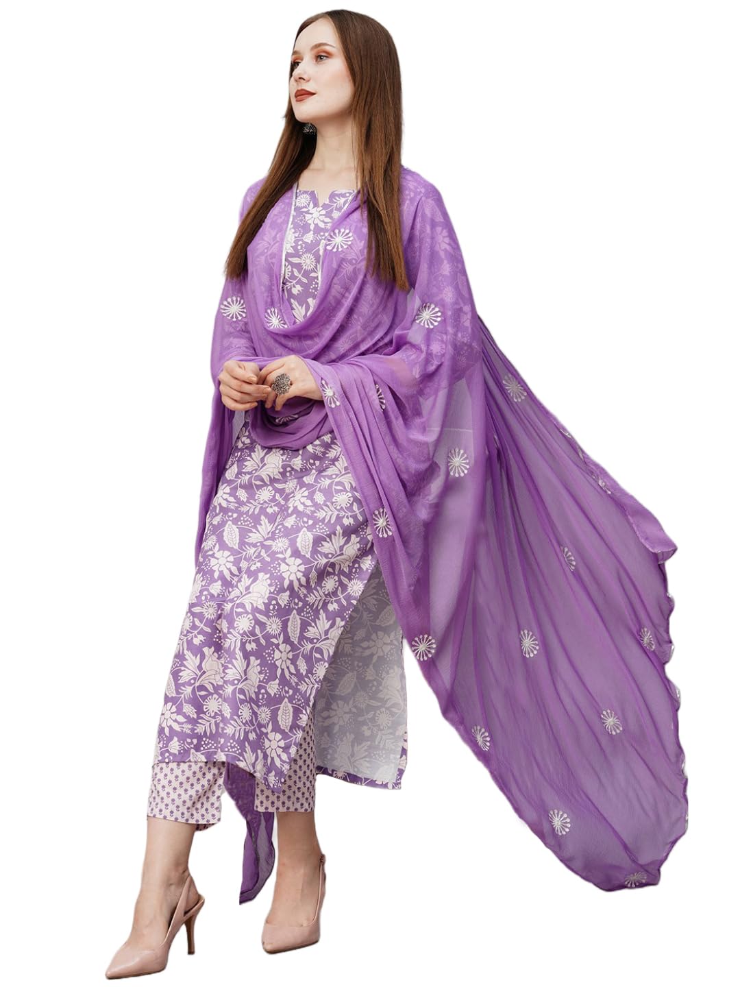 ANNI DESIGNER Womens Cotton Blend Straight Printed Kurta with Pant & Dupatta (MEI Purple-NW_S_Purple_Small)