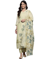 Varanga Women Olive Floral Printed Thread Embroidered Kurta With Bottom And Dupatta, Scallop V Neck, Three-Quarter Sleeves, Stra