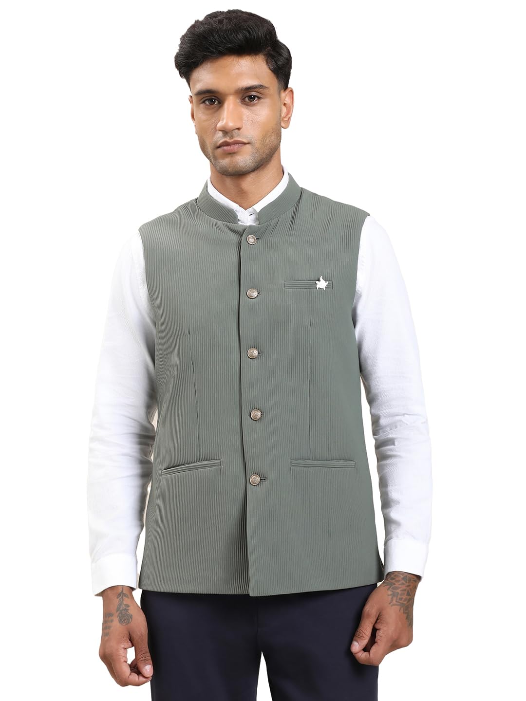 Turtle Men Knitted Solid Slim Fit Spanish Green Nehru Jacket