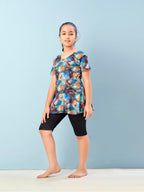 Aarika Girls Sports Wear Orange-Black Colour Abstract Print Nylon Swim Suit (5-15 Years)-(SW-SHM-CA-1112)