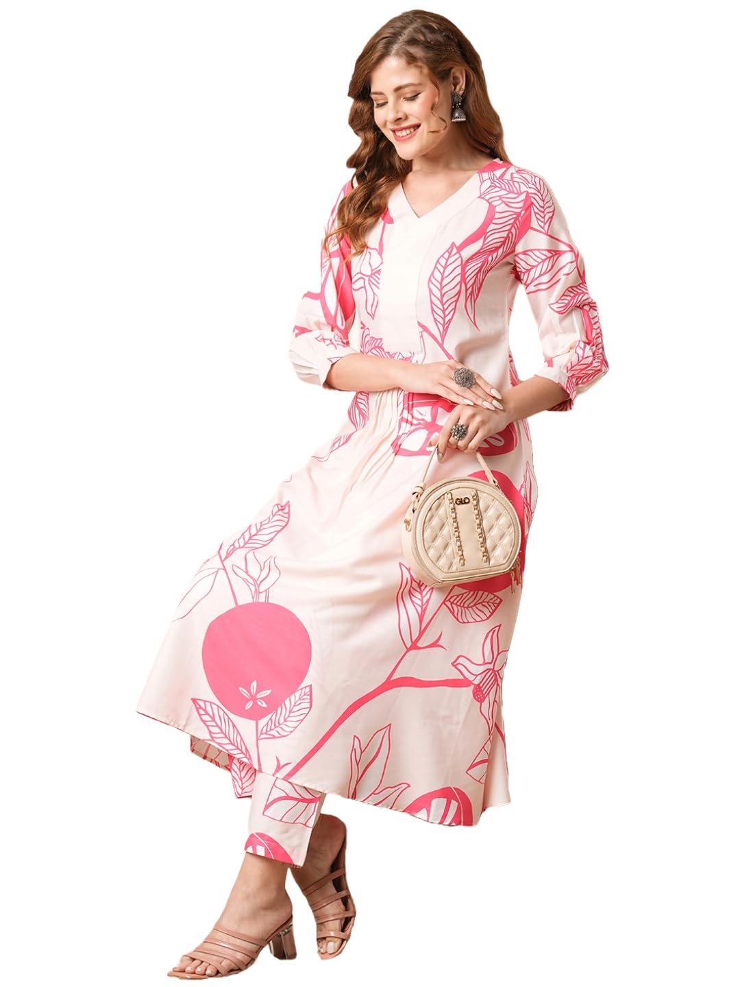 ANNI DESIGNER Womens Cotton Blend Anarkali Printed Kurta with Pant (Santra Pink-VKS-01_S_Pink_Small)