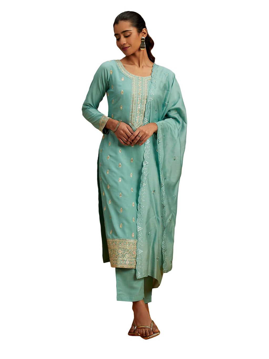 Libas Womens Embroidered Silk Straight Kurta With Trousers And Dupatta
