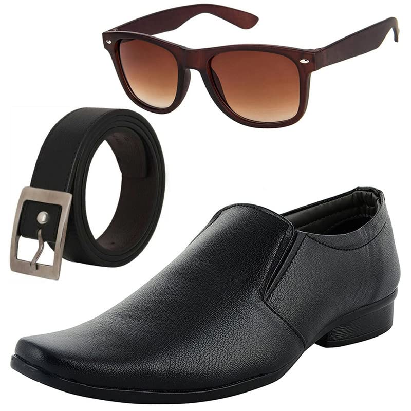 Vitoria Stylish & Fashionable Men Formal Shoes with Free Belt & Unisex Brown Wyfer Sunglasses Combo/10 10