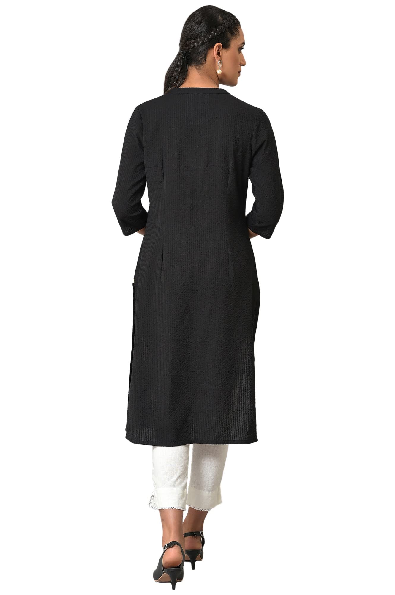 Aurelia Black Solid Cotton-Rayon Blend Regular Kurta For Women
