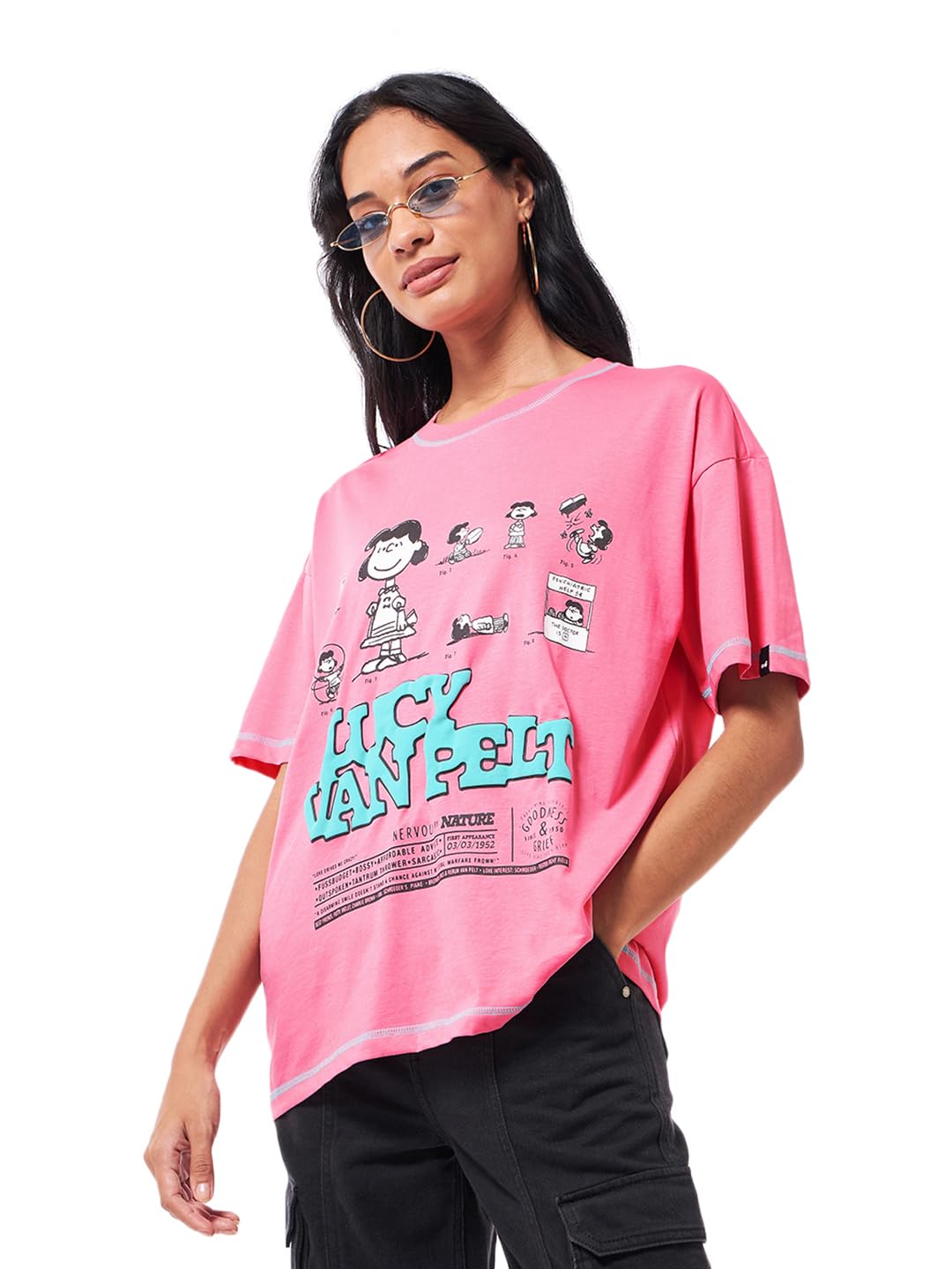 Bewakoof Official Peanuts Merchandise Snoopy WomenS Graphic Printed Oversized Fit Half Sleeve Round Neck Pure Cotton T-Shirt_634