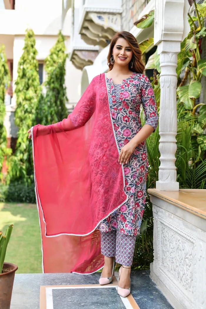 DHRUVI TRENDZ Women Cotton Blend Fancy Kurta Set Regular Fit Printed (DT-K2708&P130_Pink_3XL)
