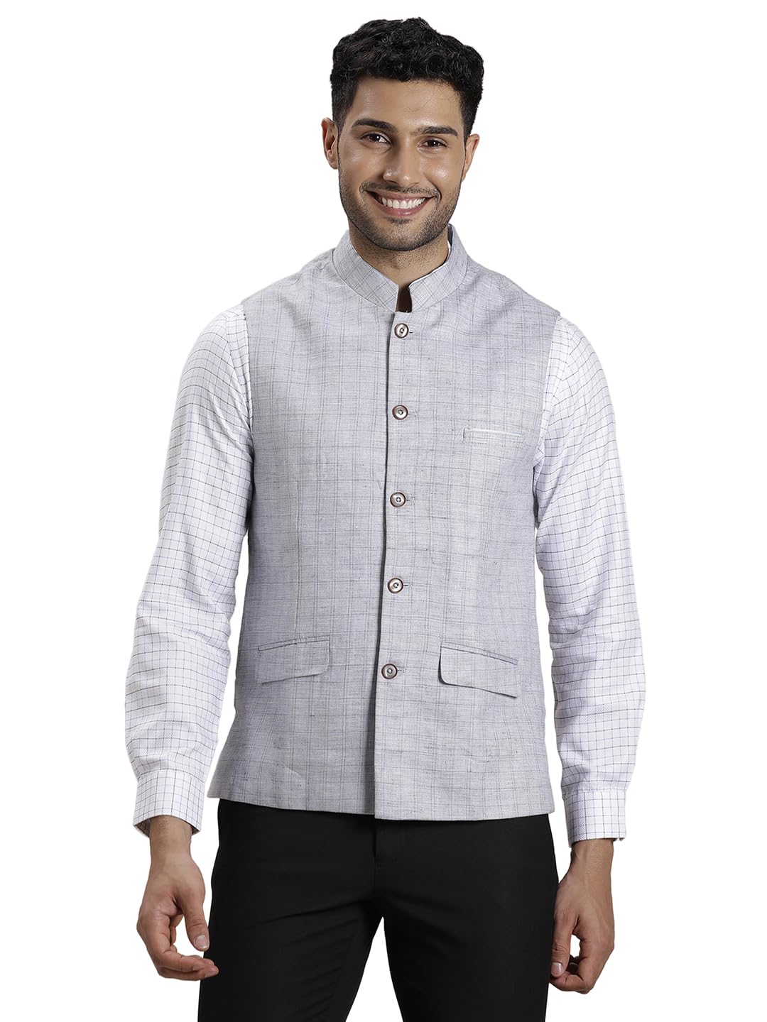 Turtle Men Pure Linen Self Design Slim Fit Grey Nehru Jacket