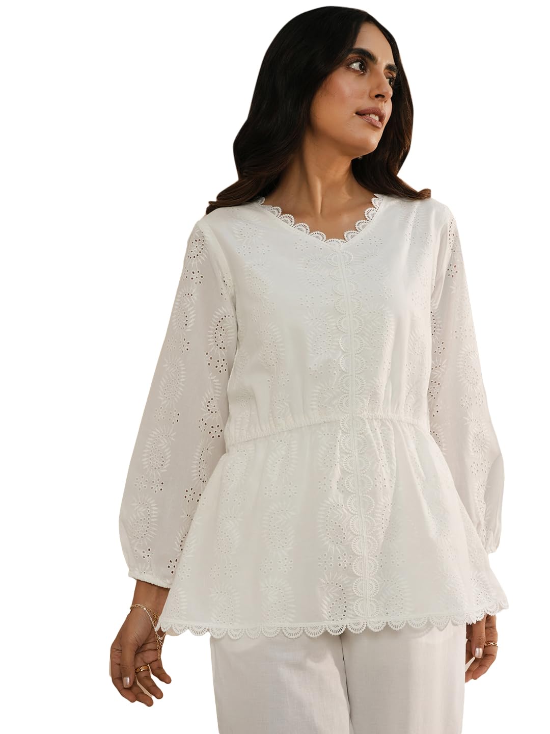 Libas Womens Schiffli Cotton A-Line Kurti For Women White