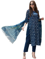 ANNI DESIGNER Womens Cotton Blend Straight Printed Kurta with Pant & Dupatta (Thaka Blue_L_Blue_Large)