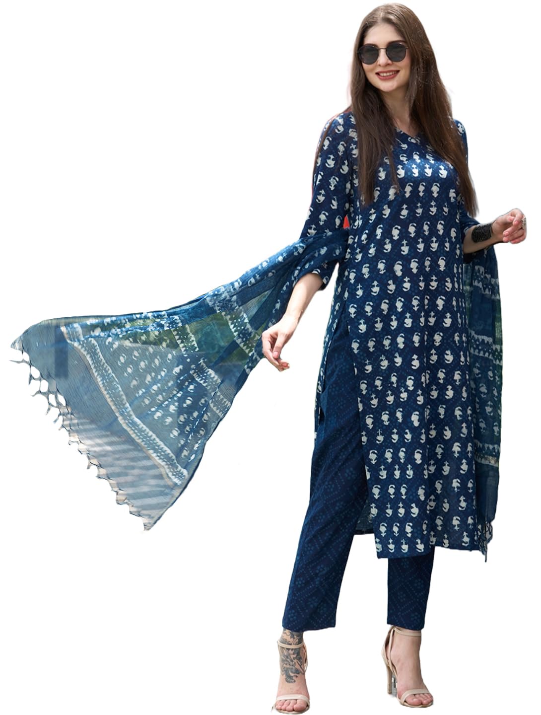 ANNI DESIGNER Womens Cotton Blend Straight Printed Kurta with Pant & Dupatta (Thaka Blue_L_Blue_Large)