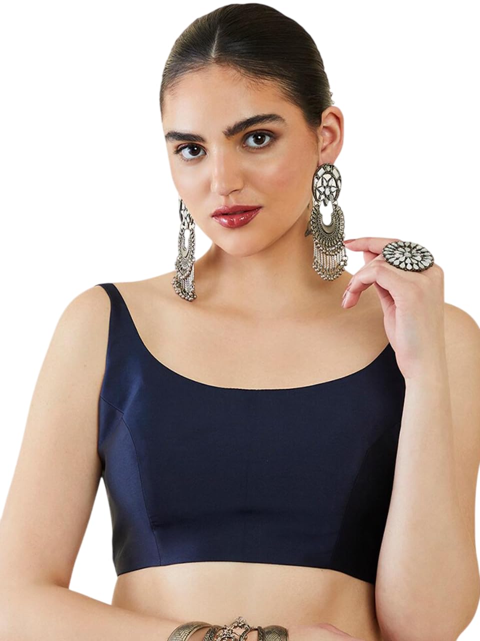 Jds Lifestyle WomenS Sleeveless Square Neck Saree Blouse, Black, Dupion Silk, Readymade Choli (Navyblue, 40) 40