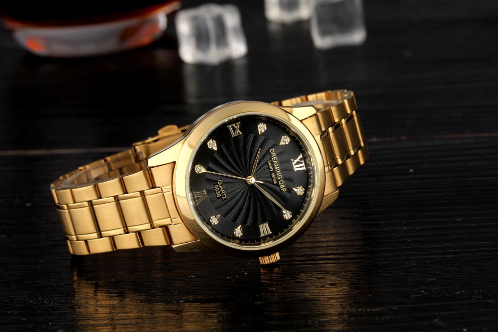 DREAMING Q&P IP Gold Plating Steel Roman Numeral Dial with Rhinestones Luxury Mens Wrist Watches for Man Black 003