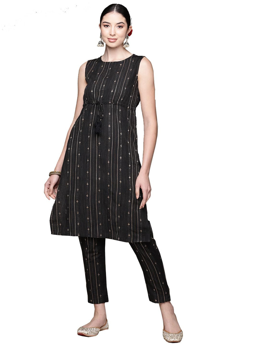 Anubhutee Women'S Cotton Blend Ethnic Motifs Printed Black Straight Kurta Suit Set With Trousers